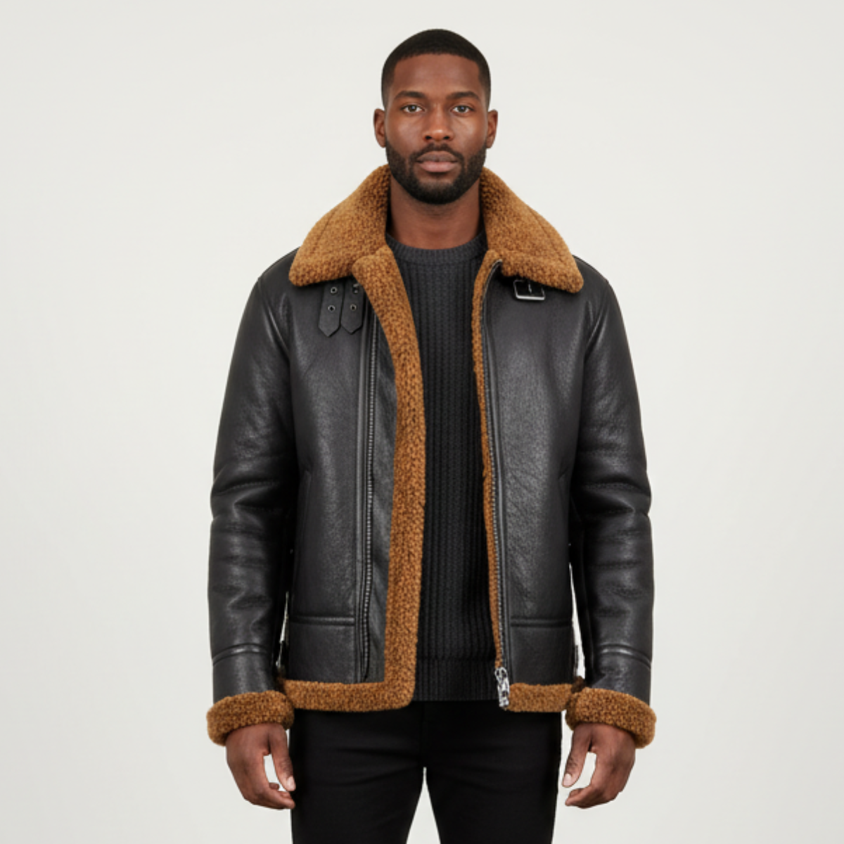 Men's Aviator Leather Jacket with Insulated Lining and Wide Collar – Warmth and Style for Winter