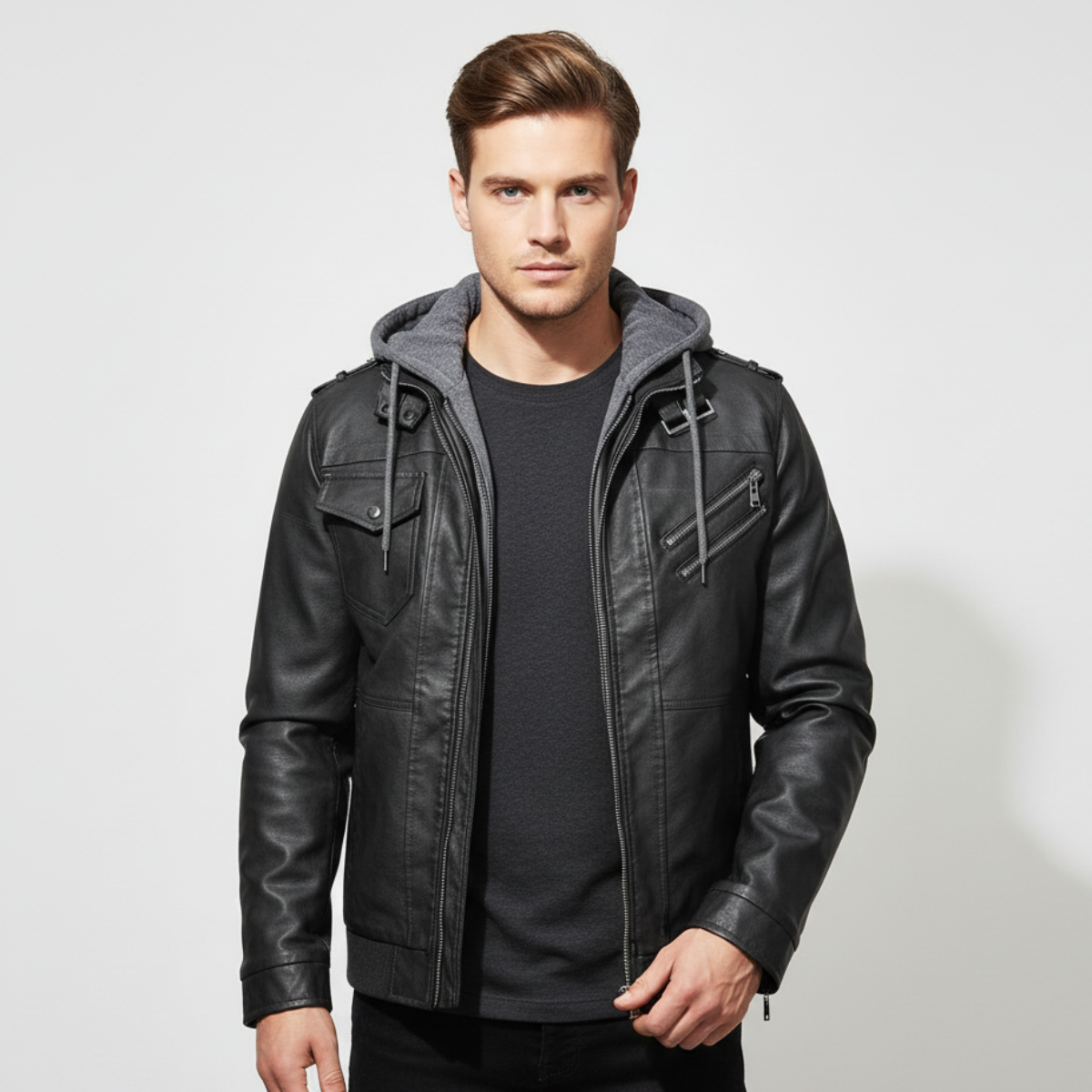Men's Genuine Leather Biker Jacket with Removable Hood and Multiple Pockets - Urban Style, Black, Sizes S-3XL