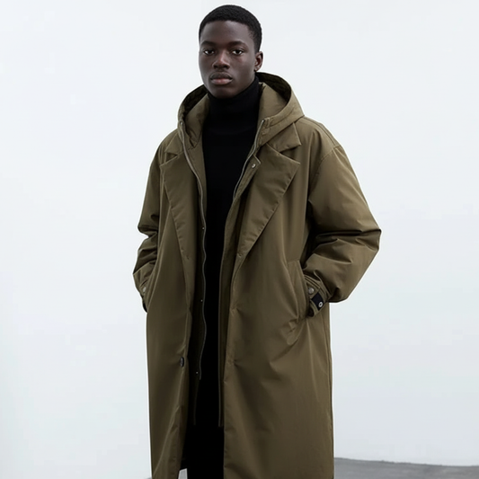 Men's Long Waterproof Puffer Trench Coat with Hood for Cold Weather – Insulated, Full-Length Design