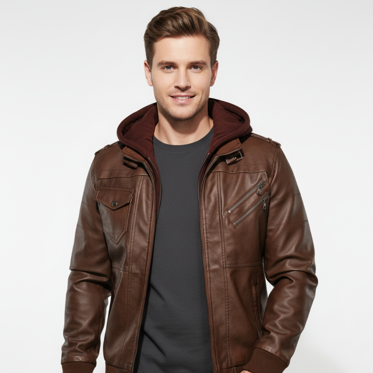 Men's Genuine Leather Biker Jacket with Removable Hood and Multiple Pockets - Urban Style, Black, Sizes S-3XL