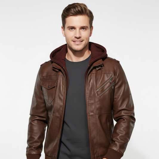 Men's Genuine Leather Biker Jacket with Removable Hood and Multiple Pockets - Urban Style, Black, Sizes S-3XL