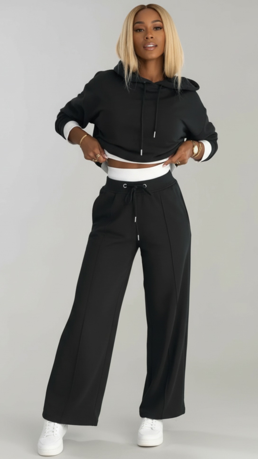 Women's Tracksuit Set with Cropped Hoodie and Wide-Leg Trousers – Casual Streetwear Jogging Suit for Ladies