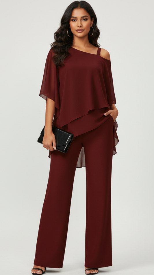 Elegant Women's Jumpsuit Set with Cold Shoulder Blouse and Long Trousers - Stylish Two-Piece Outfit for Special Occasions