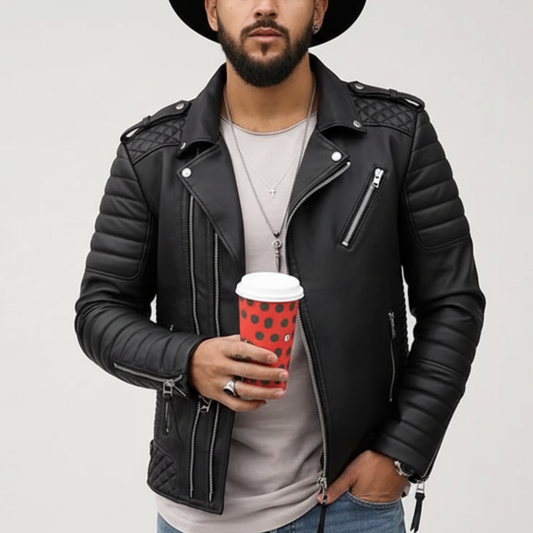 Men's Genuine Leather Biker Jacket with Asymmetric Zip and Quilted Shoulders – Black, Brown, Burgundy, Multiple Sizes Available