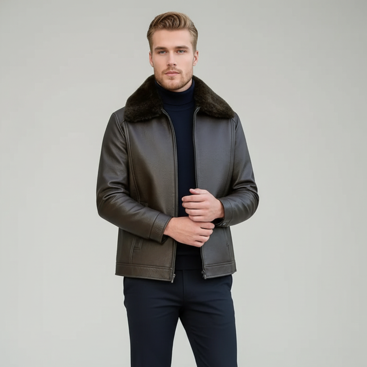 Men's Biker Leather Jacket with Fur Collar – Stylish Brown Outerwear for Cool Weather