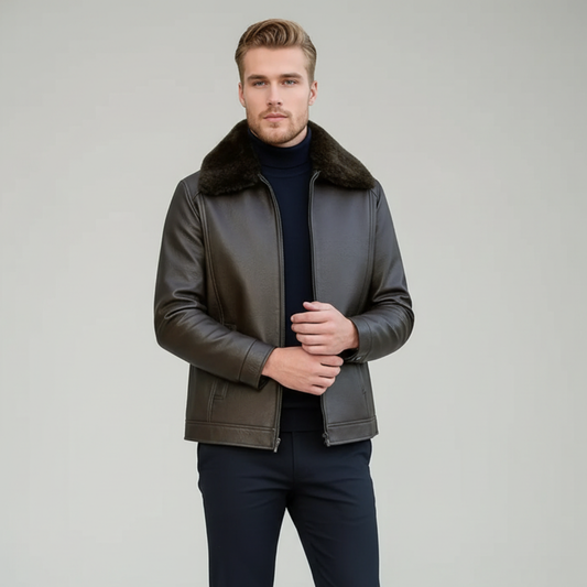 Men's Biker Leather Jacket with Fur Collar – Stylish Brown Outerwear for Cool Weather