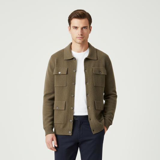 Men's Green Shawl Collar Cardigan, Tailored Knitwear with Full Button Fastening and Patch Pockets, Ideal for Layering