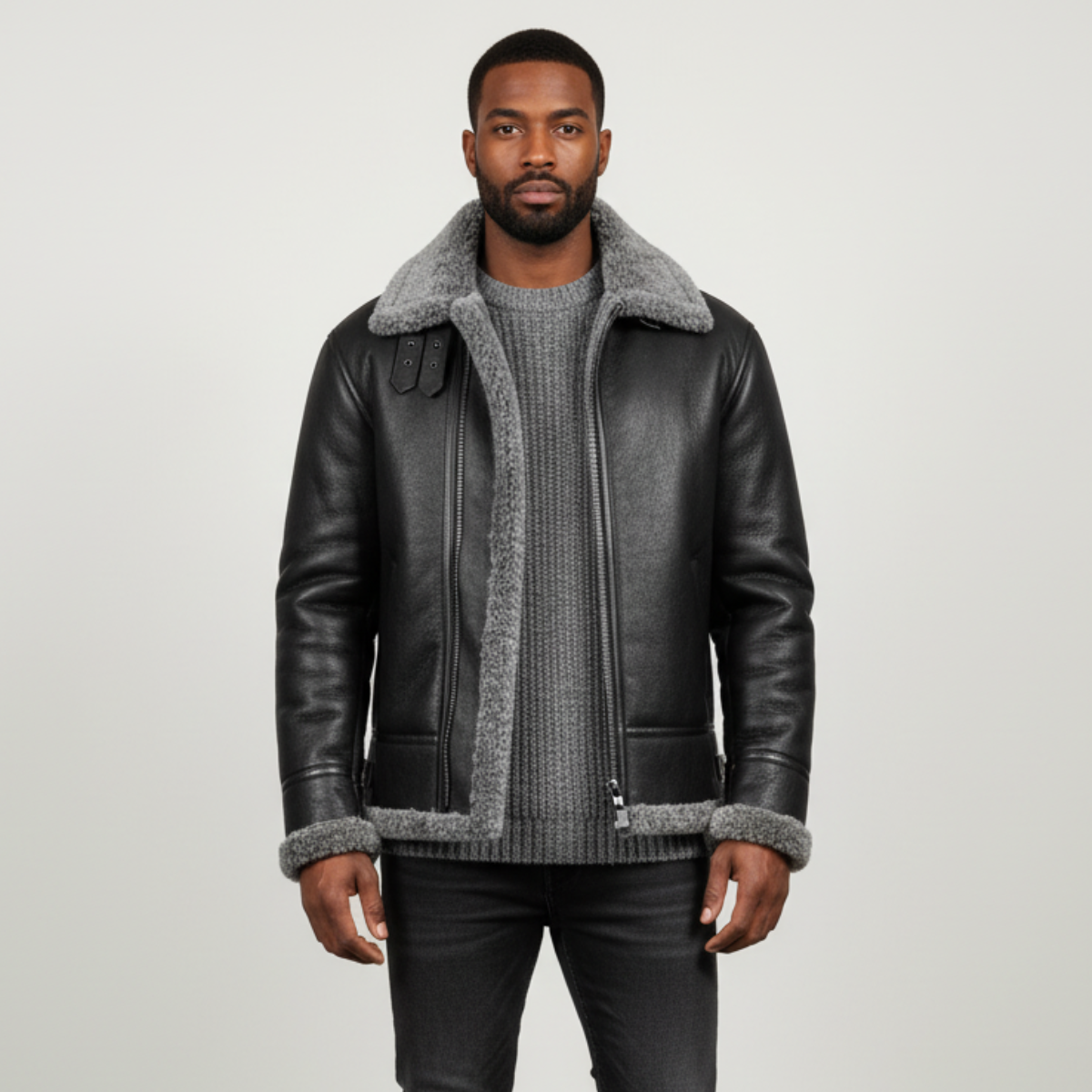 Men's Aviator Leather Jacket with Insulated Lining and Wide Collar – Warmth and Style for Winter
