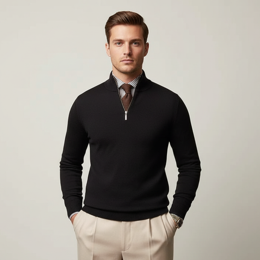 Men's Black Half Zip Jumper - Soft Knit Blend for Versatile Layering and Stylish Comfort