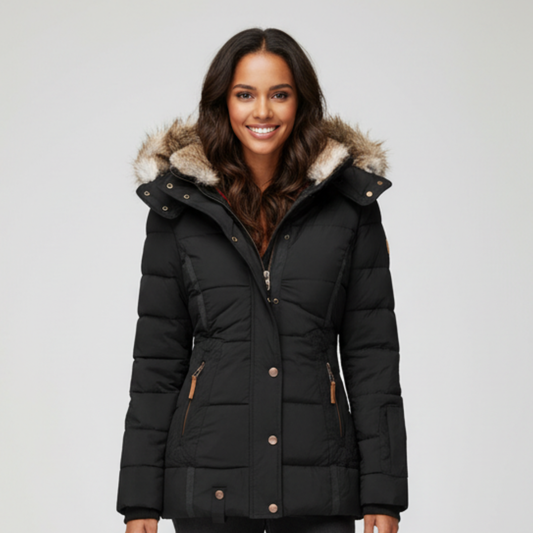 Women's Black Puffer Jacket - Slim Fit Hooded Winter Coat with Insulation for Warmth and Style