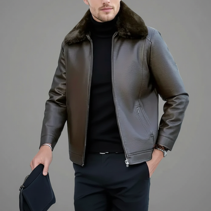 Men's Biker Leather Jacket with Fur Collar – Stylish Brown Outerwear for Cool Weather