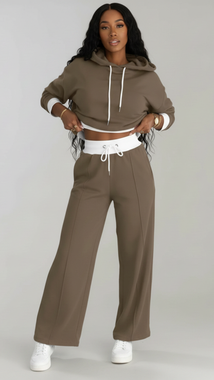 Women's Tracksuit Set with Cropped Hoodie and Wide-Leg Trousers – Casual Streetwear Jogging Suit for Ladies