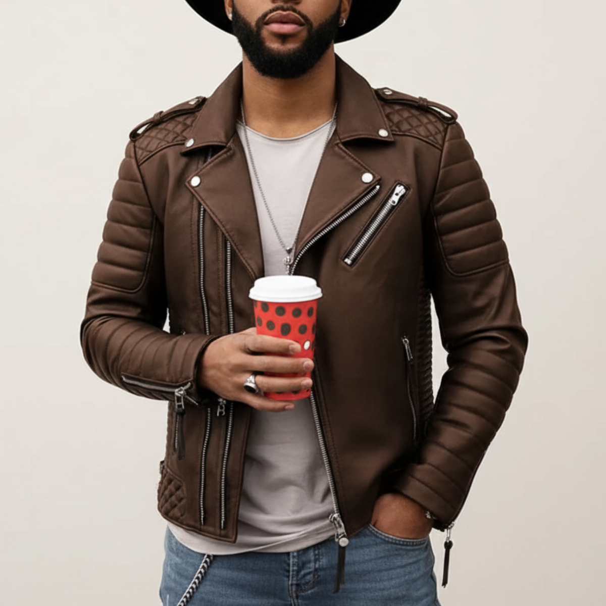 Men's Genuine Leather Biker Jacket with Asymmetric Zip and Quilted Shoulders – Black, Brown, Burgundy, Multiple Sizes Available