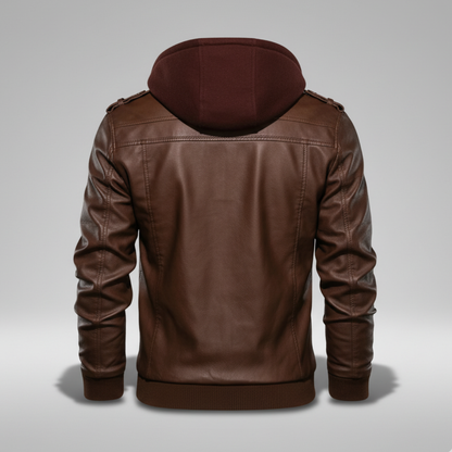 Men's Genuine Leather Biker Jacket with Removable Hood and Multiple Pockets - Urban Style, Black, Sizes S-3XL