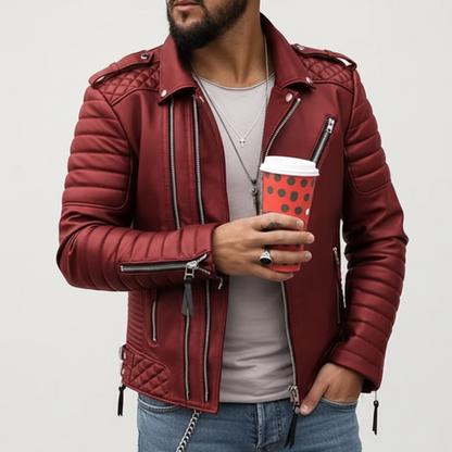 Men's Genuine Leather Biker Jacket with Asymmetric Zip and Quilted Shoulders – Black, Brown, Burgundy, Multiple Sizes Available