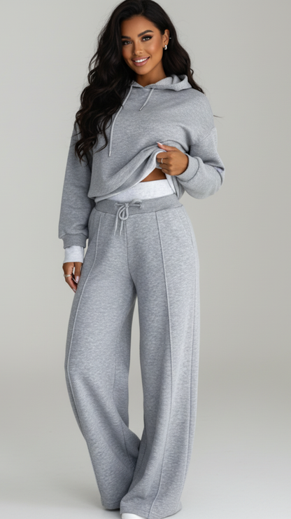 Women's Tracksuit Set with Cropped Hoodie and Wide-Leg Trousers – Casual Streetwear Jogging Suit for Ladies