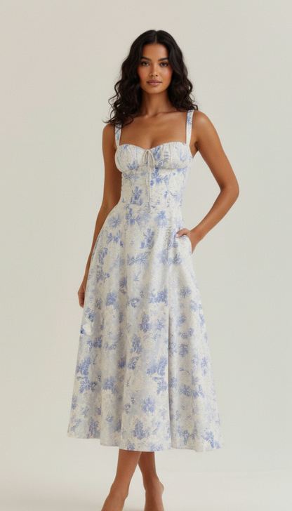 Kiana Midi Dress for Women with Corset Top – Elegant White Summer Dress with Flowing Skirt