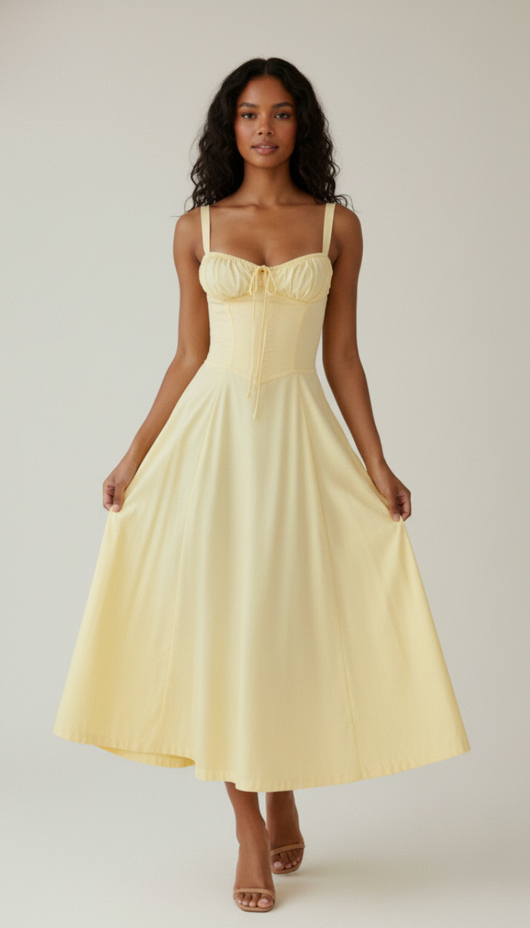 Kiana Midi Dress for Women with Corset Top – Elegant White Summer Dress with Flowing Skirt