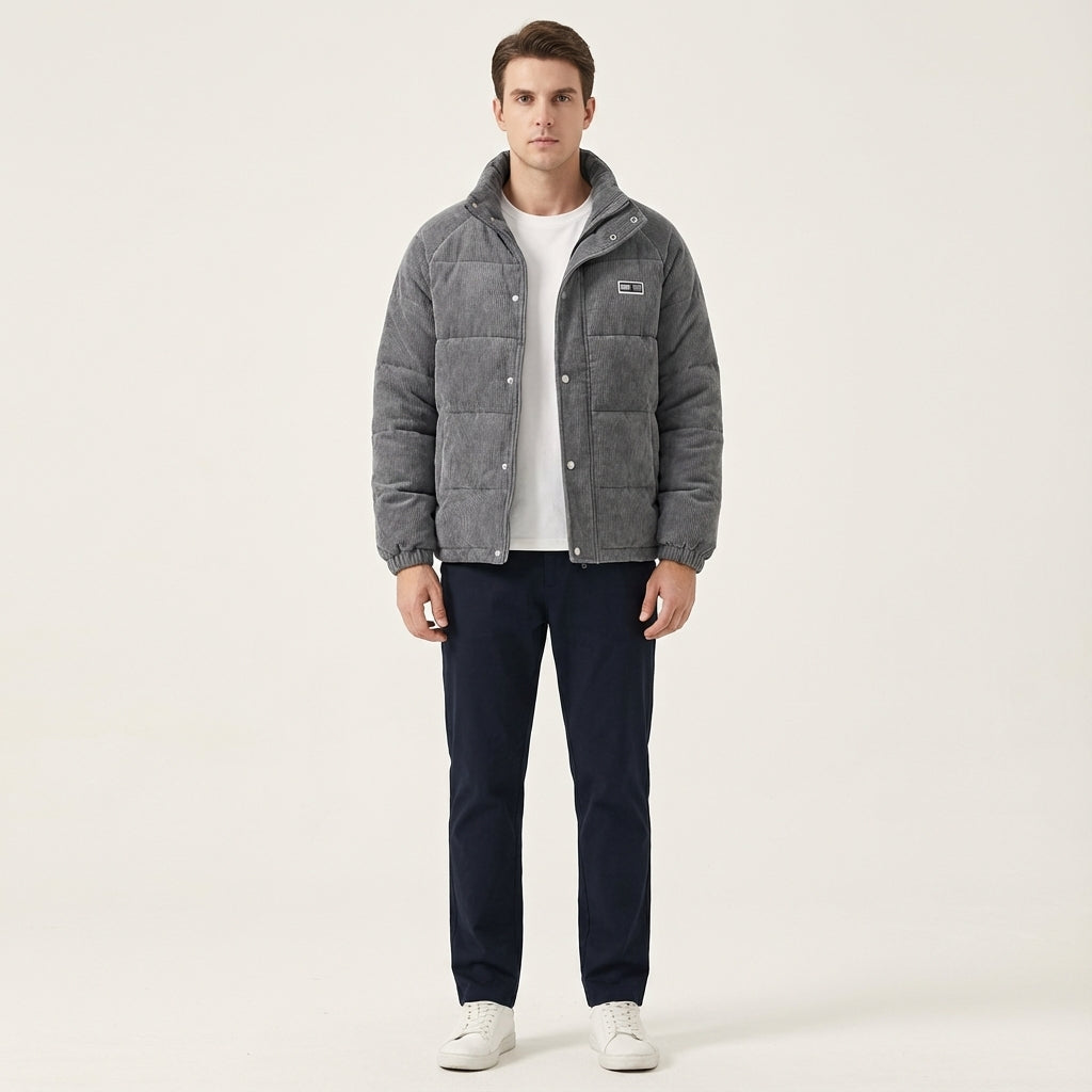 Men's Corduroy Puffer Jacket with Thermal Insulation – Warm Winter Outerwear for Cold Weather